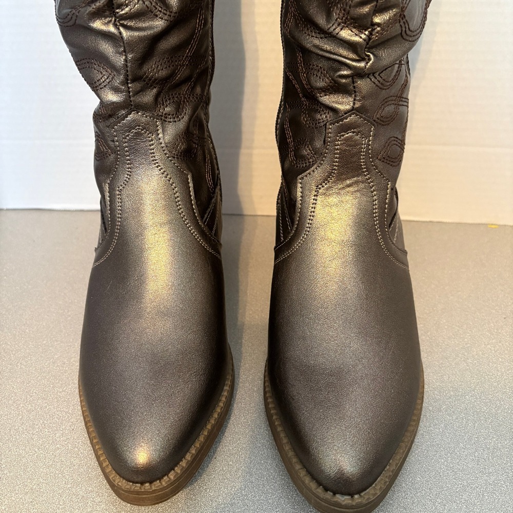 Girls Metallic Bronze Flower Boots Side Zip Block Heel Western Style Size 8 - Picture 3 of 15